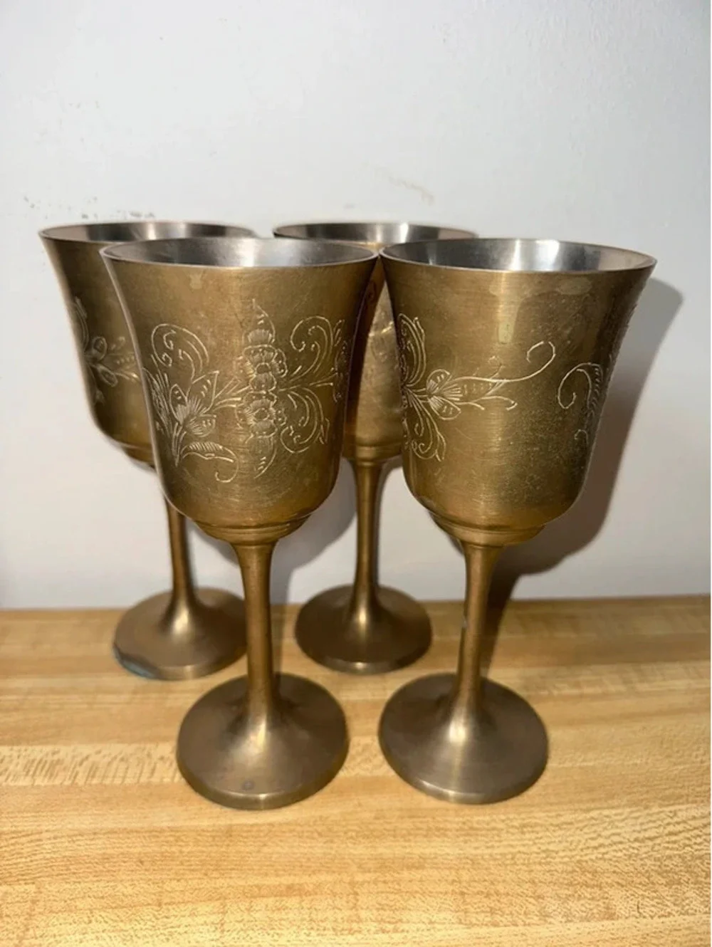 Vintage Etched Brass Wine Goblets/Chalices Set of 4